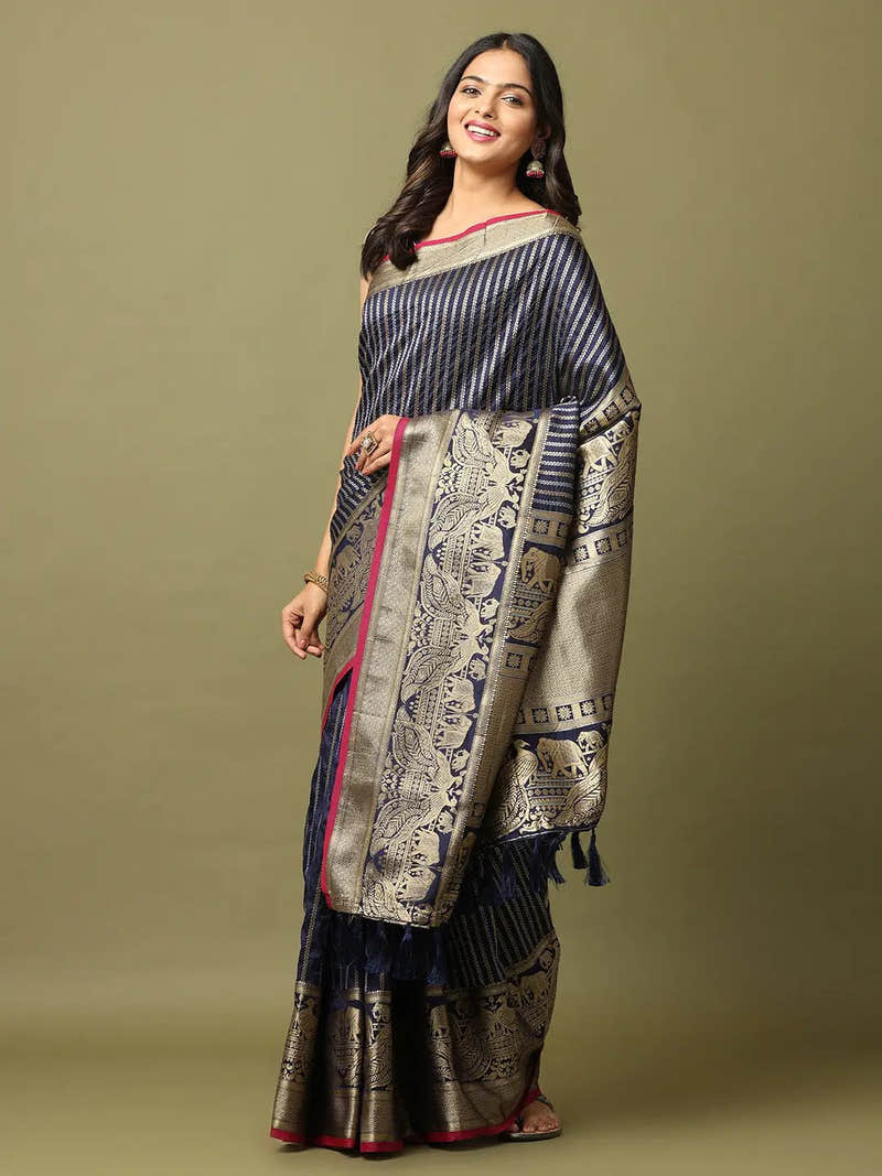 Striped Woven Design Zari Silk Blend Banarasi Saree
