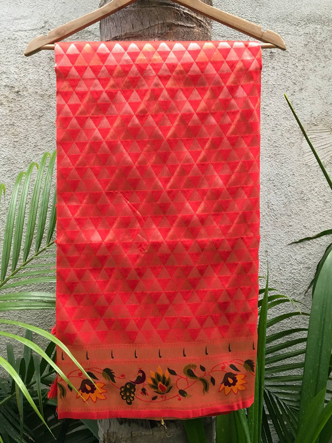 Folded Red Silk Blend Paithani Saree with Zari and Floral Border