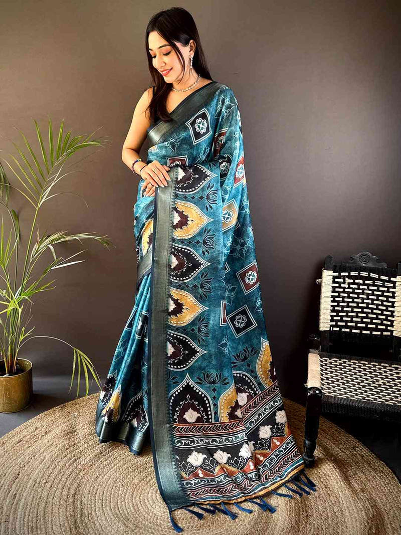 Teal Kota Doriya Zari Weave Digital Print Saree
