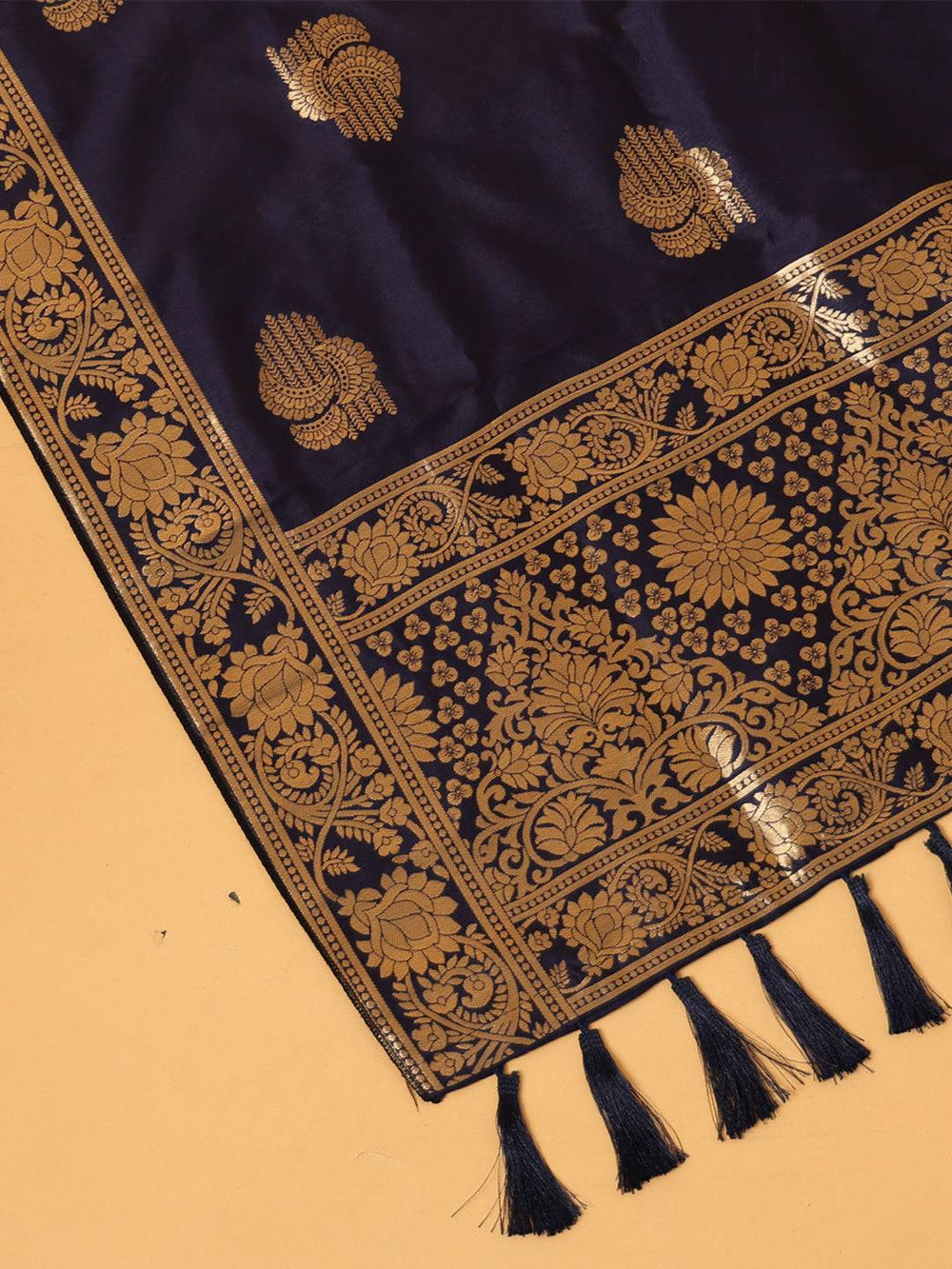 Close-up of silk blend dark blue dupatta showcasing woven design