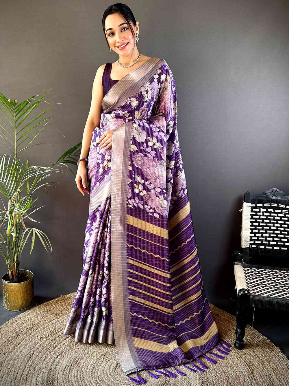 Purple Tussar Chex Floral Saree
