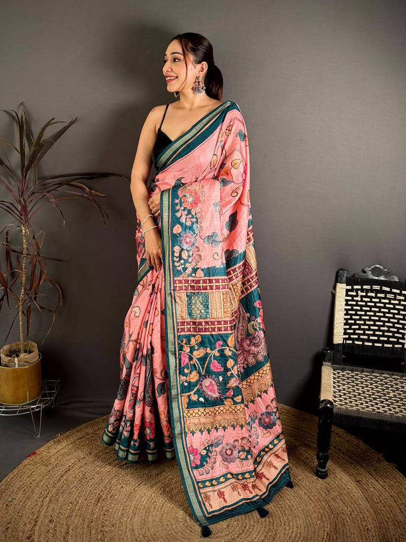 Vibrant Bright Pen Kalamkari Tussar Saree