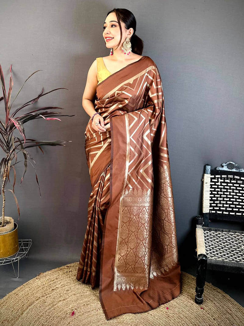 Brown Geometric Zari Weave Banarasi Saree