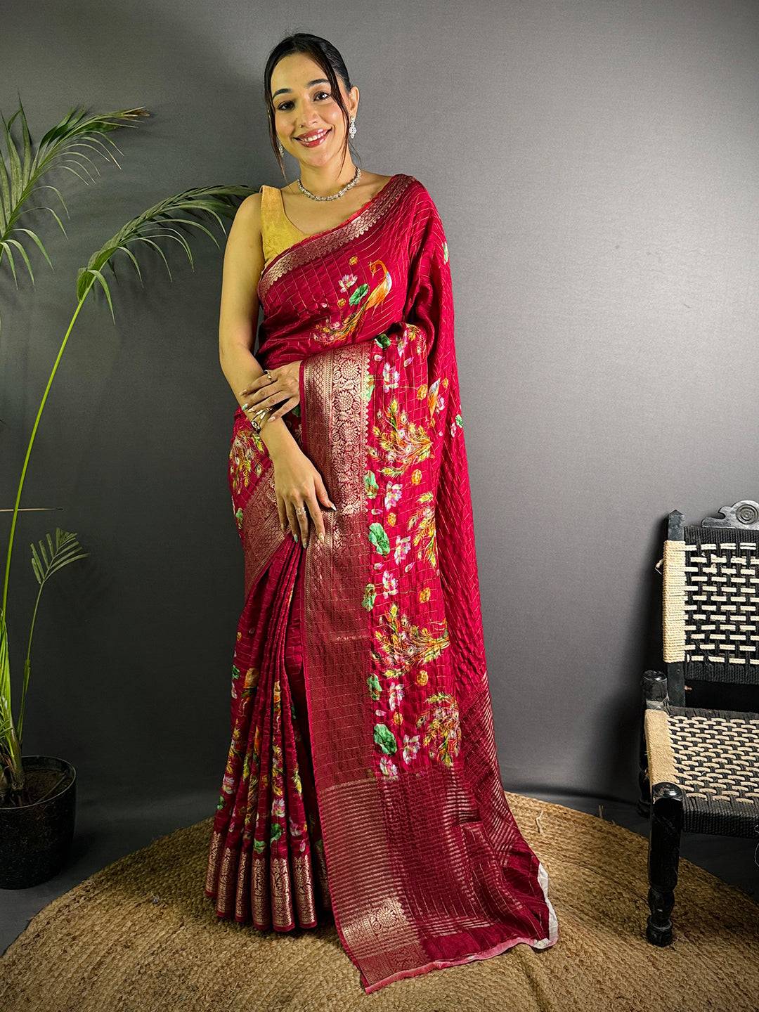 Rose Pink Pure Viscose Kalalmkari Print Saree