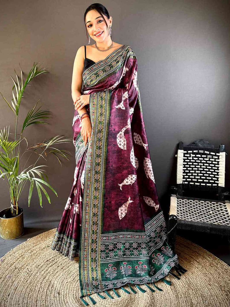 Dark Wine Soft Silk Fish Kalamkari Saree