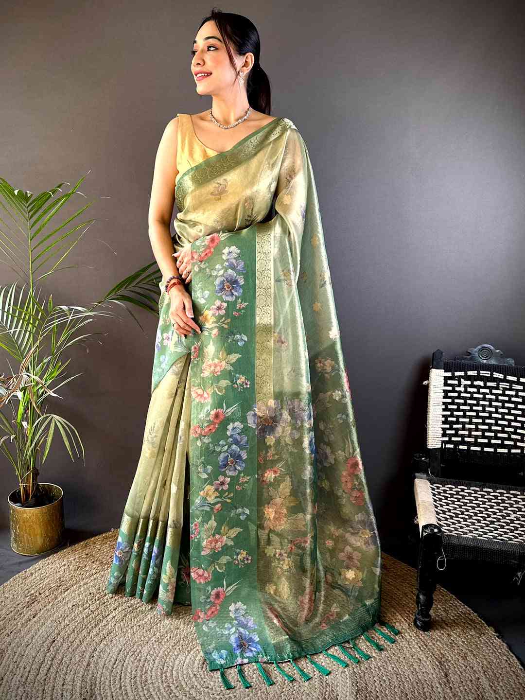 Dark Green Tissue Digital Floral Saree