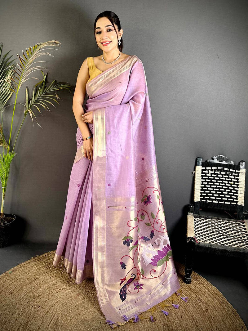 Lavender Swan Minakari Linen Saree