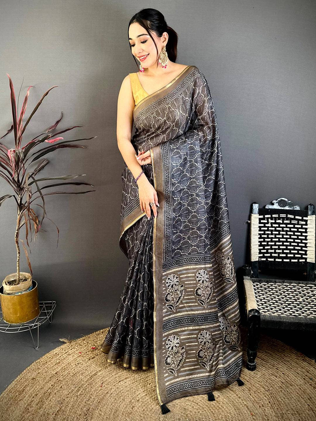 Grey Ajrakh Digital Print Kota Saree