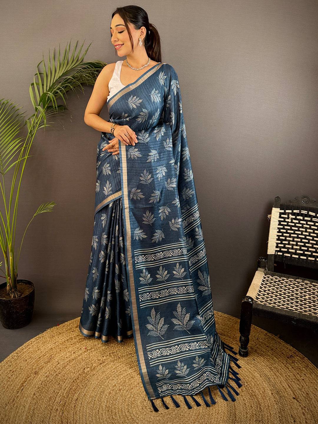 Steel Blue Leaf Print Ghicha Handloom Saree