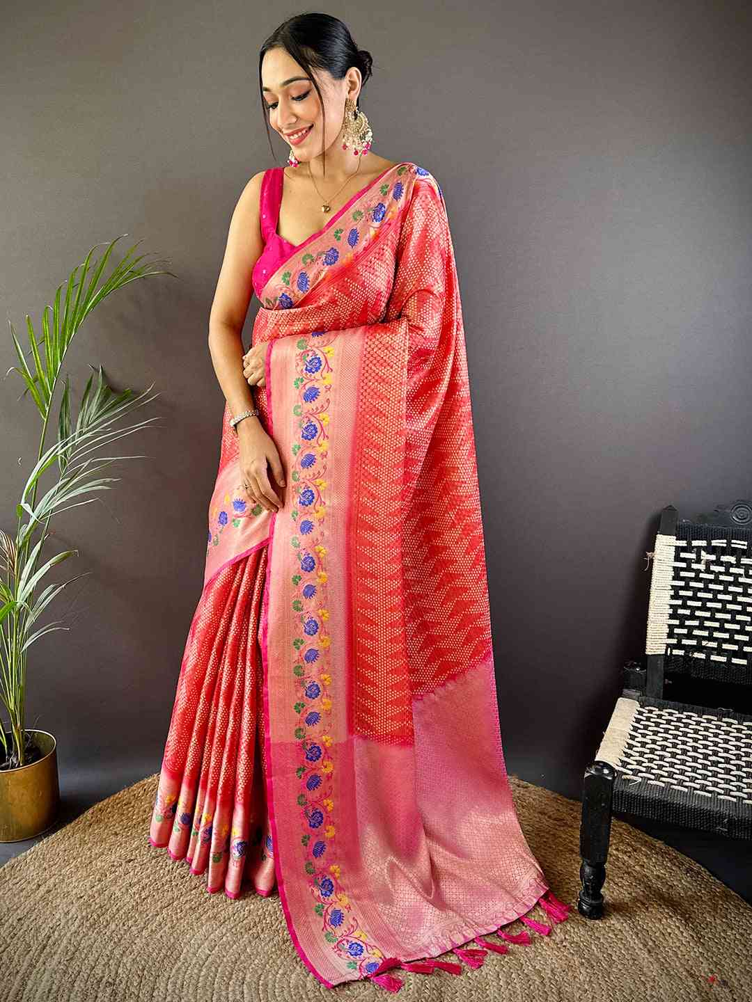 Kora Silk Banarasi Digital Print Saree In Pink Colour
