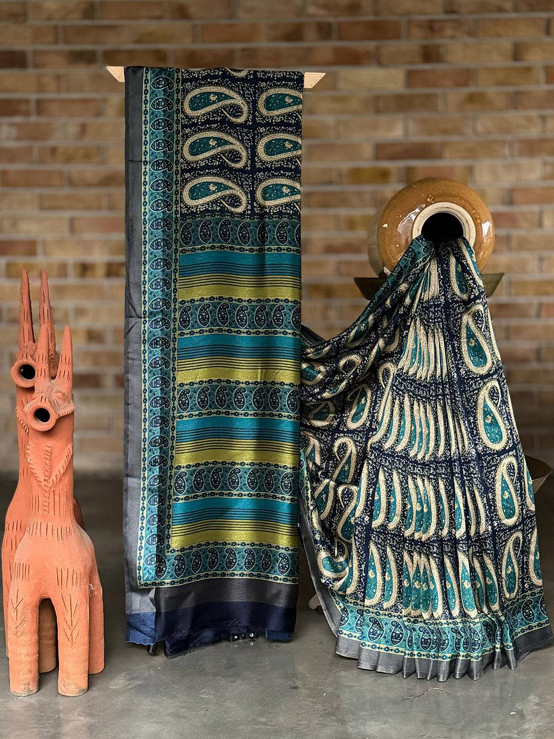 Navy Blue Pure Pashmina Satin Border Saree