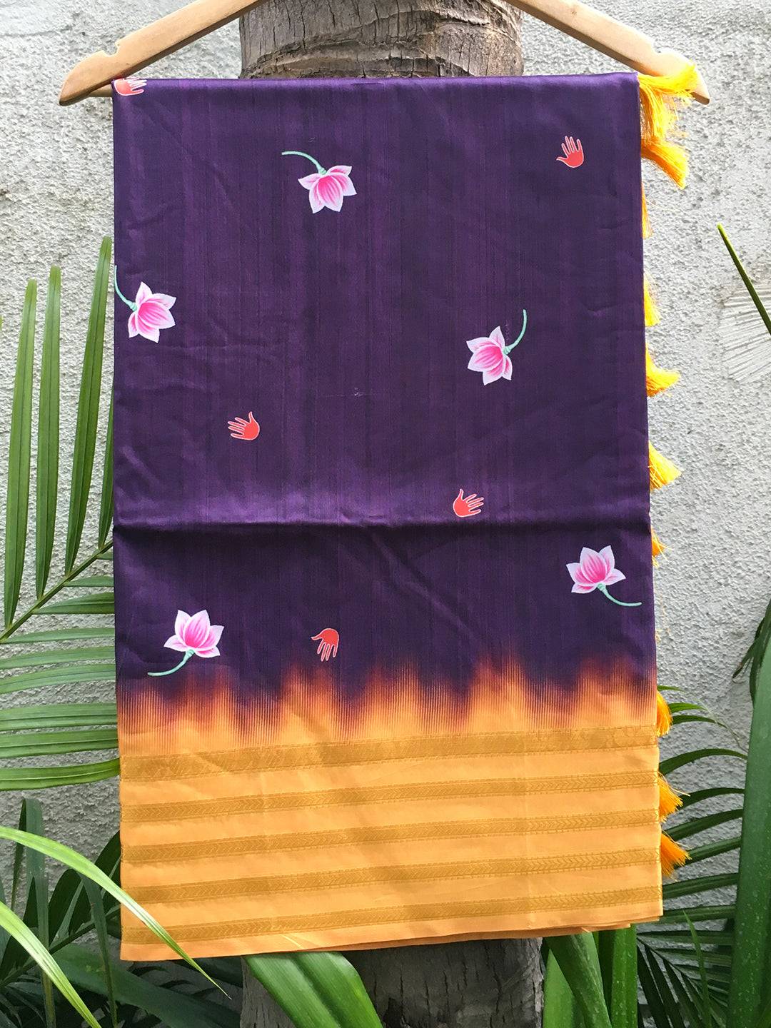 Lotus Print Plum Purple Silk Saree with Zari Border