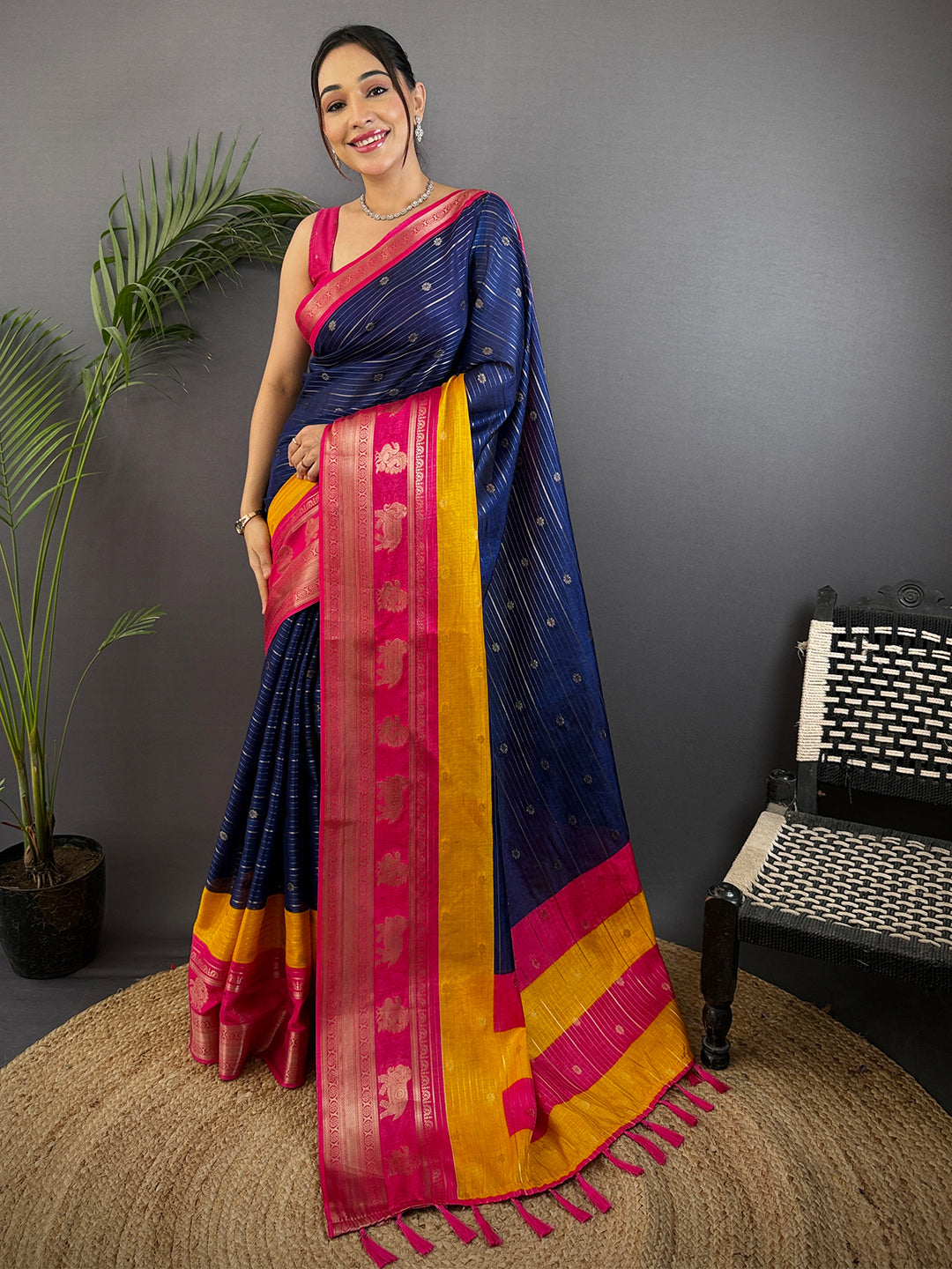 Royal Blue Soft Dola Silk Striped Print Saree