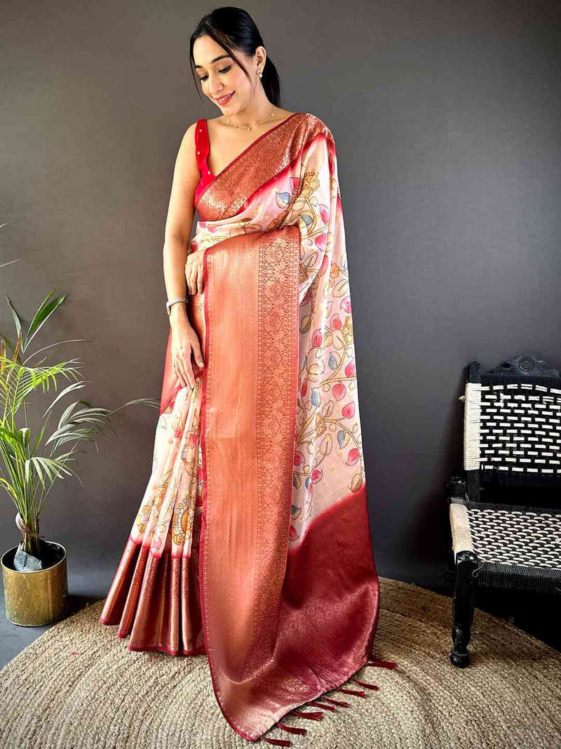 White Floral Kalamkari Kota Doriya Saree