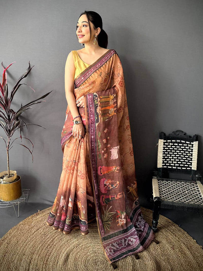 Radiant Pen Kalamkari Digital Linen Saree
