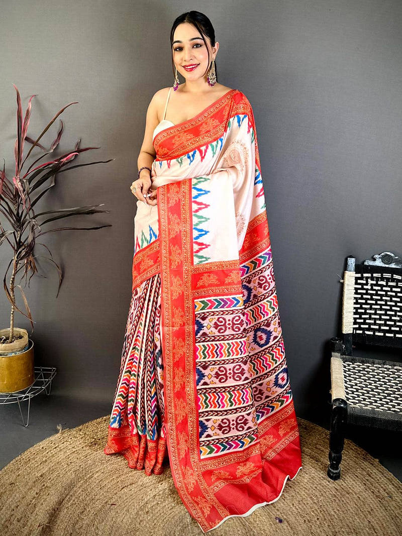 Ivory Tanjore Ikkar Digital Tussar Saree