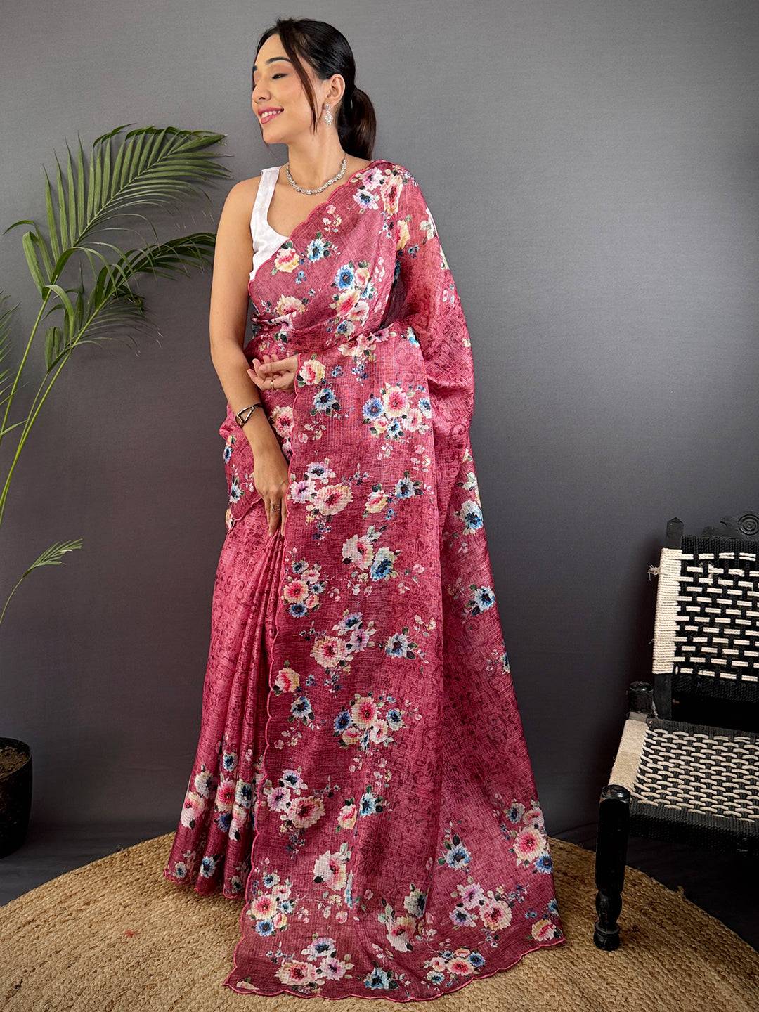 Rose Pink Kota Doriya Floral Cut Work Saree