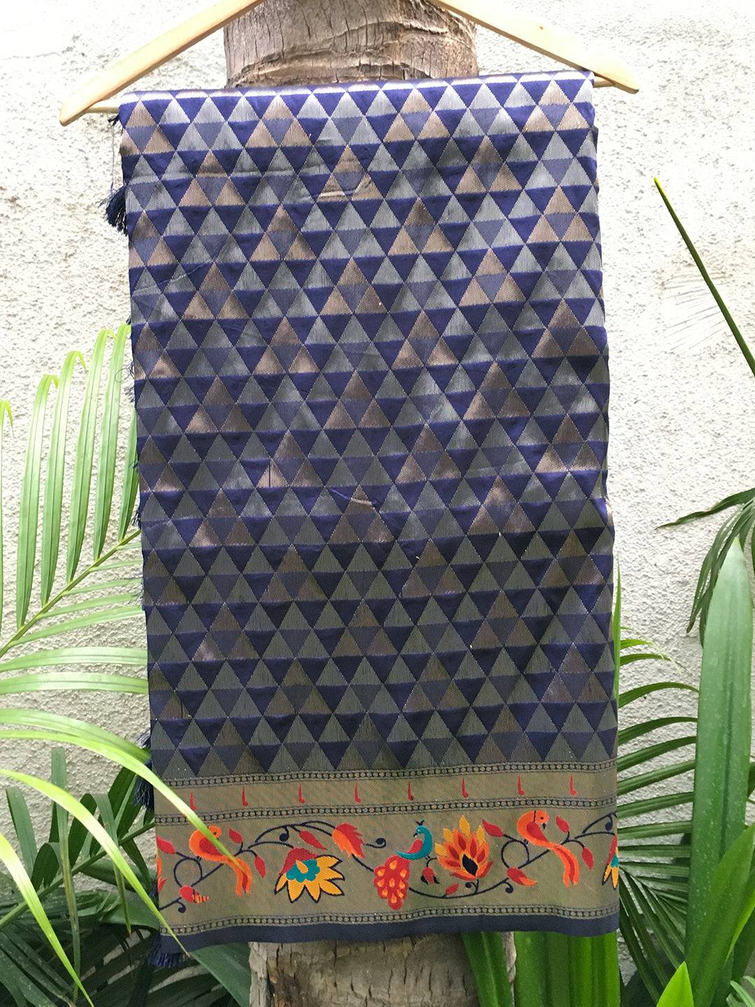Navy Silk Blend Saree with Geometric and Floral Zari