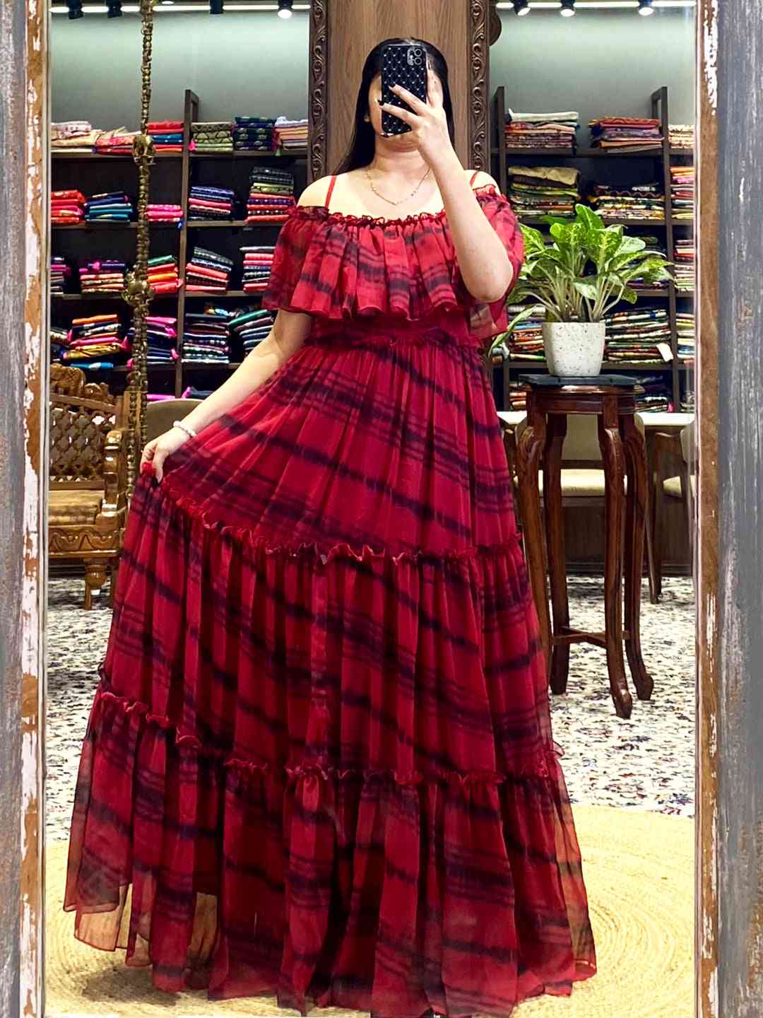 Tartan Print Off-Shoulder Ruffle Dress