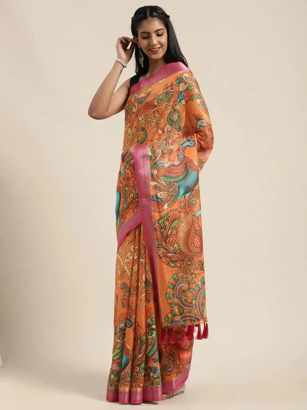 Kalamkari Print Saree With Zari Border