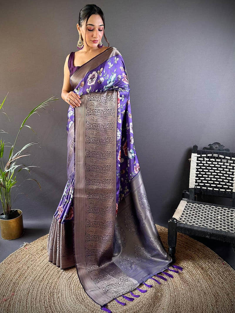 Lavender Satin Silk Floral Print Saree
