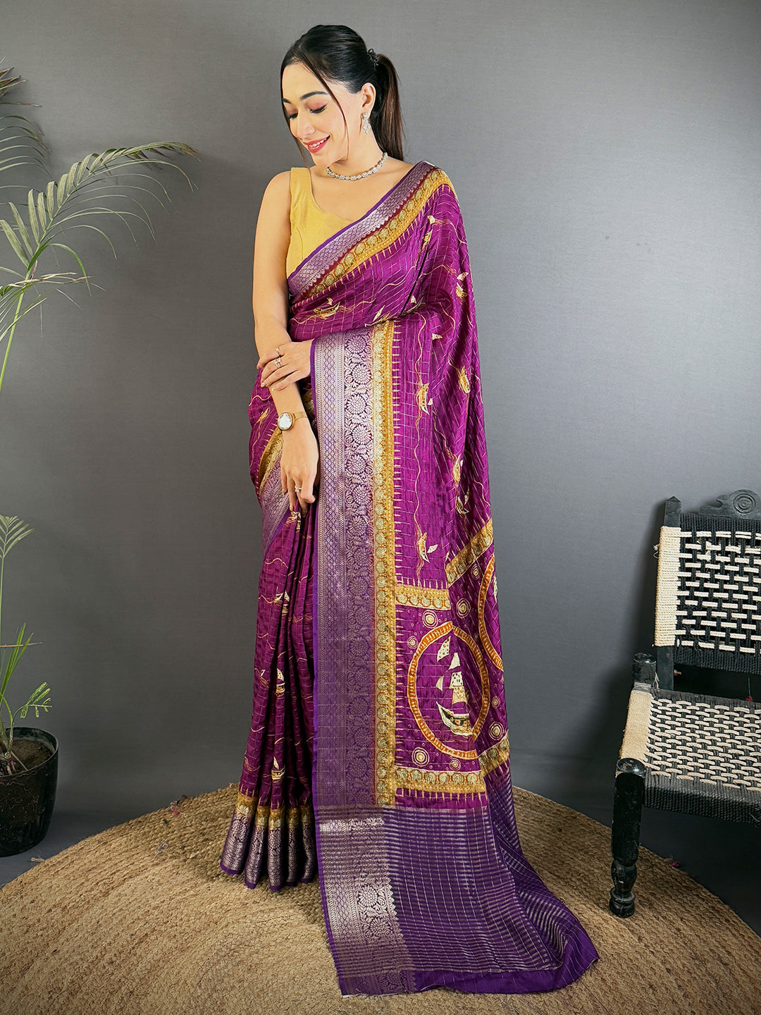 Royal Purple Viscose Block Print Saree