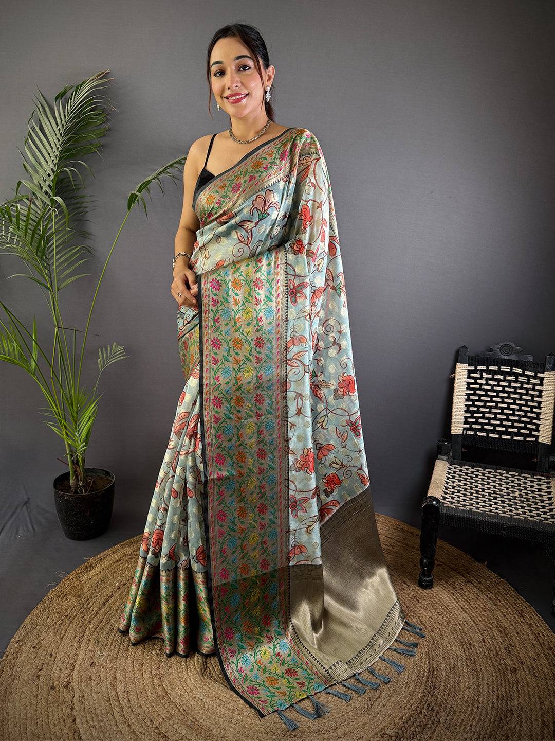 Sky Blue Kalamkari Printed Kora Tissue Saree