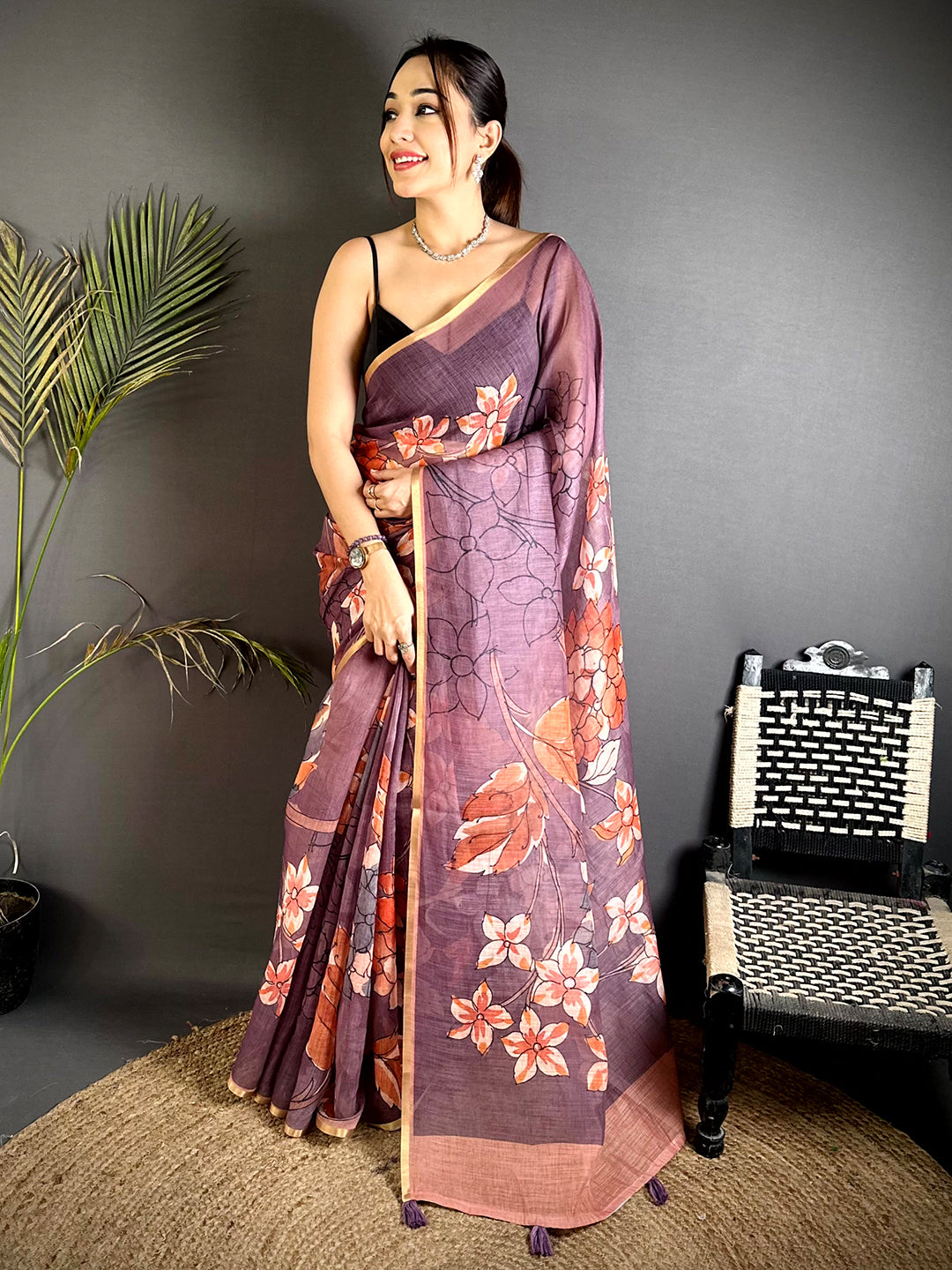Classic Purple Floral Linen Saree