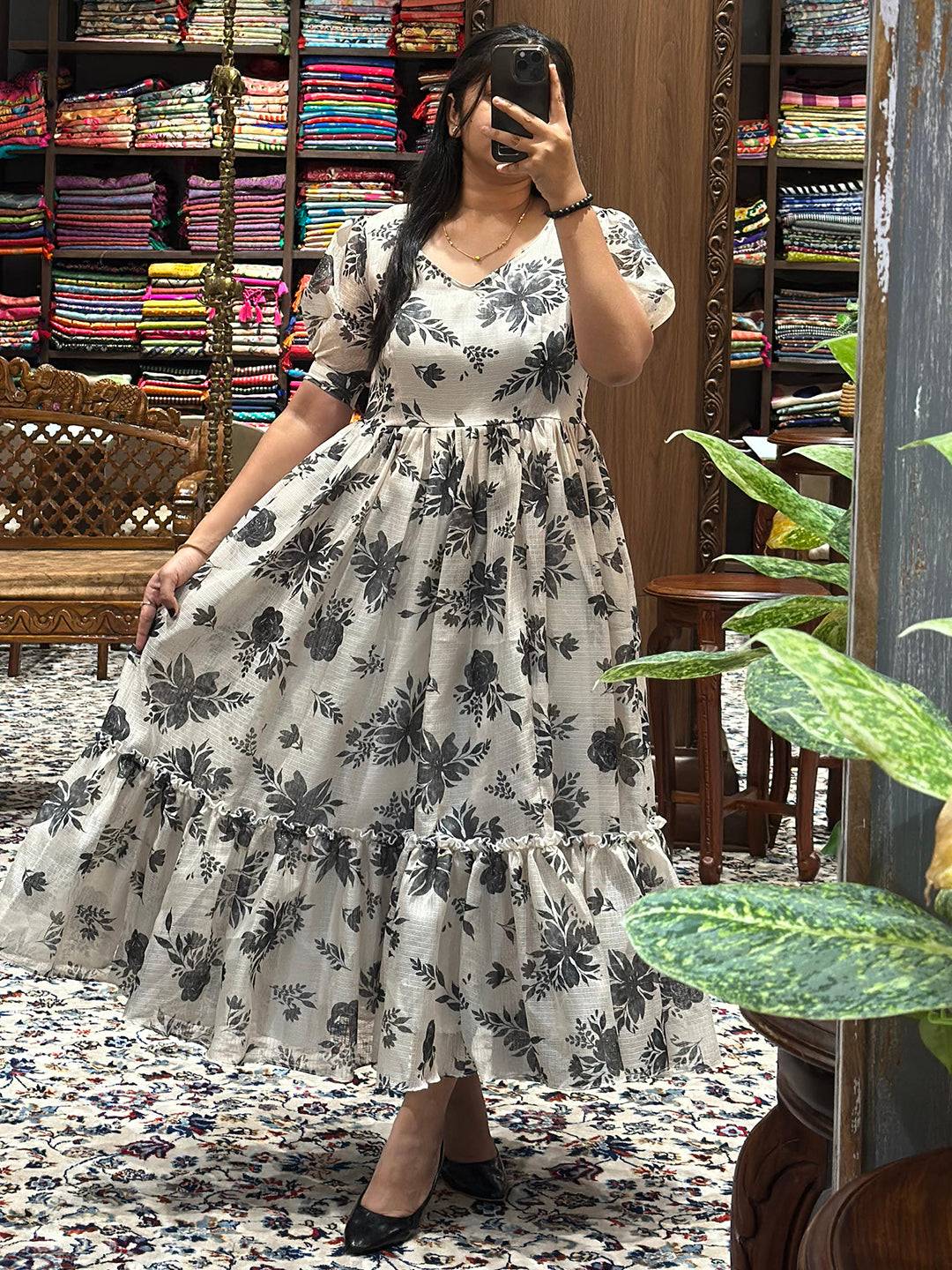 Enchanting Snow White Midi Dress with floral design