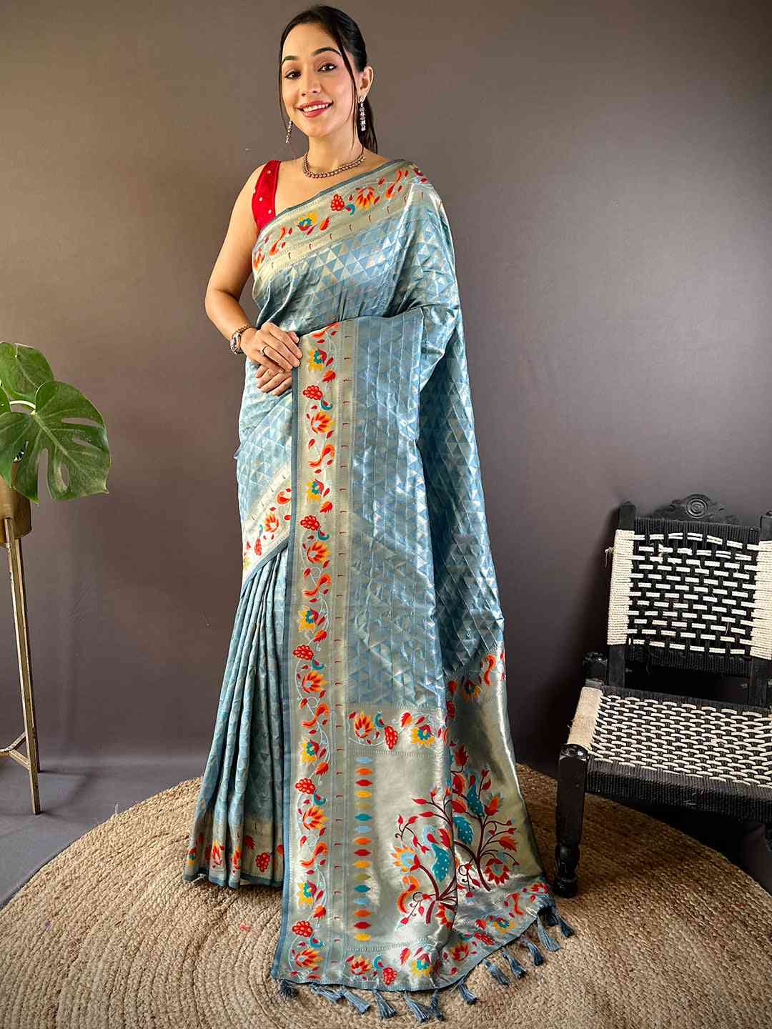 Light Blue Silk Blend Woven Zari Work Paithani Saree