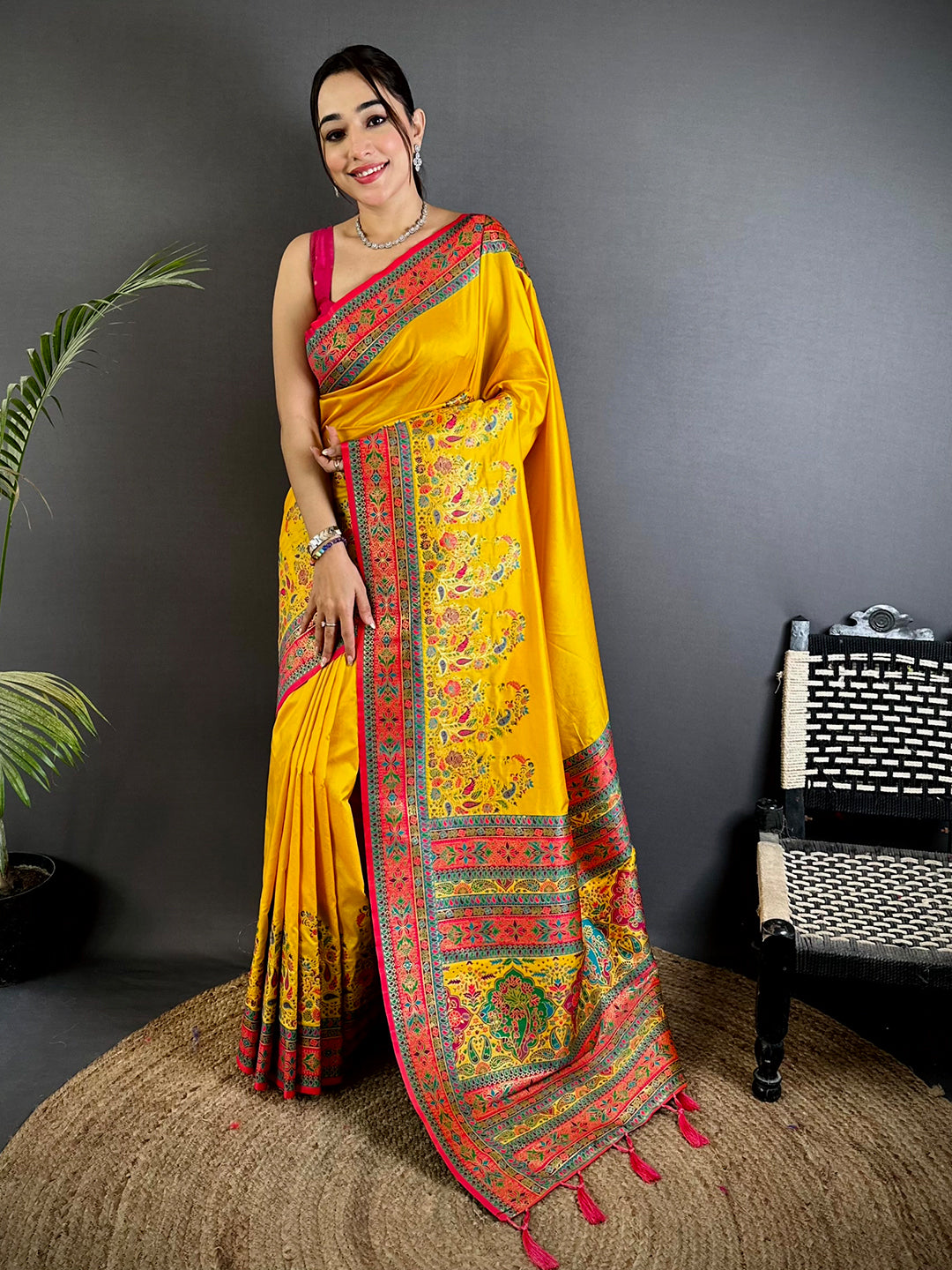 Yellow Kashmiri Pashmina Semi Silk Saree