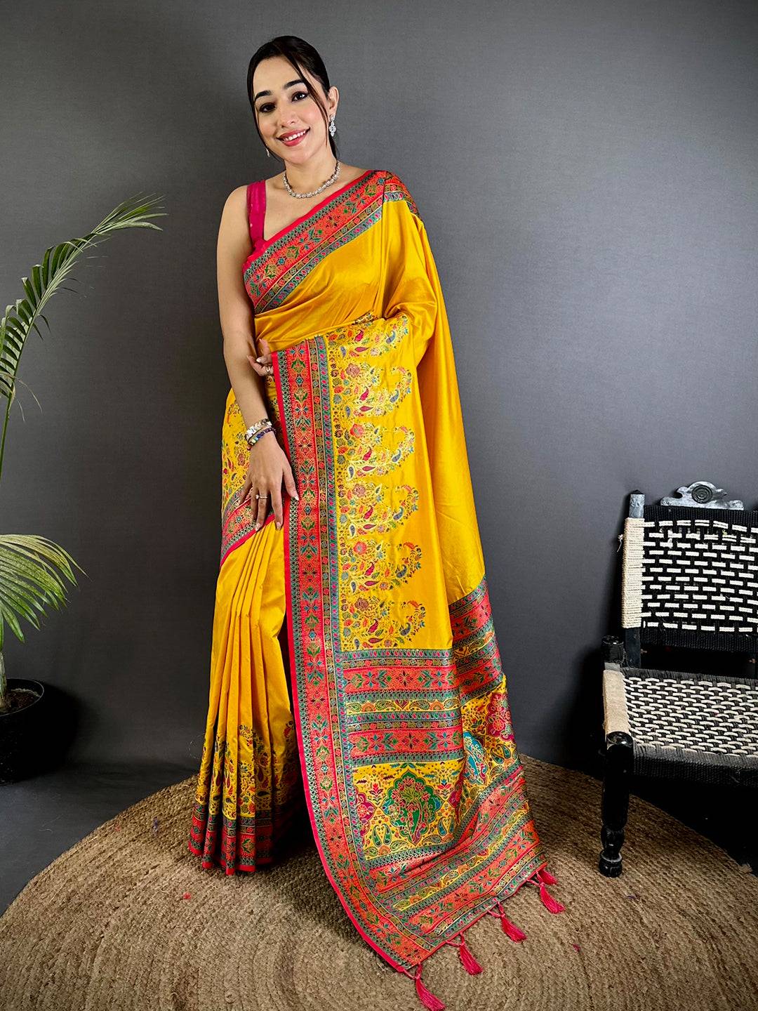 Yellow Kashmiri Pashmina Semi Silk Saree