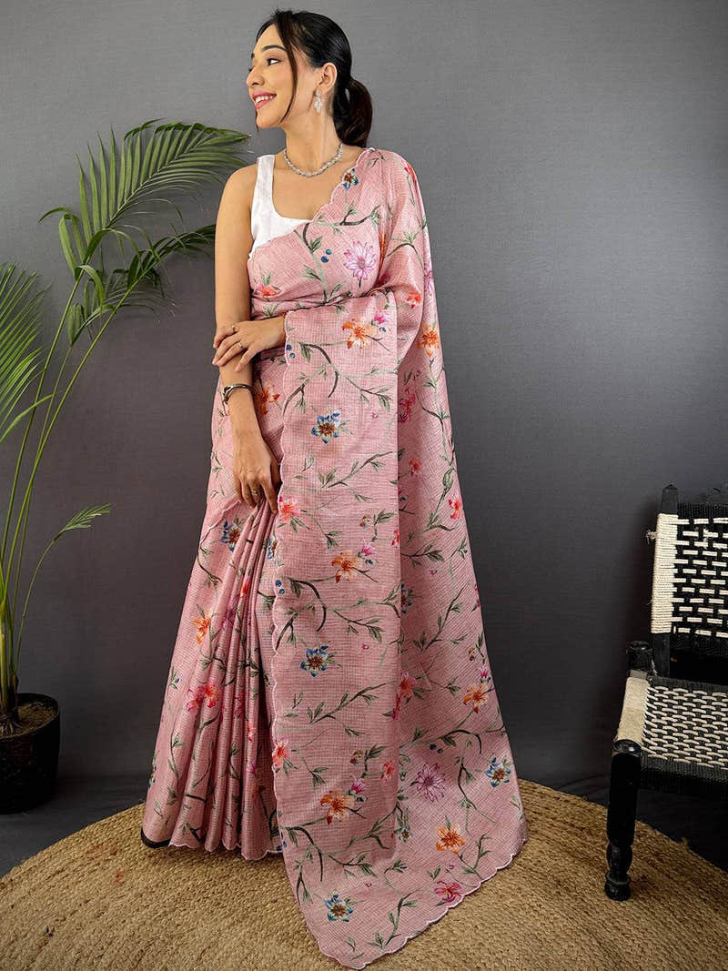 Light Pink Soft Kota Floral Print Saree