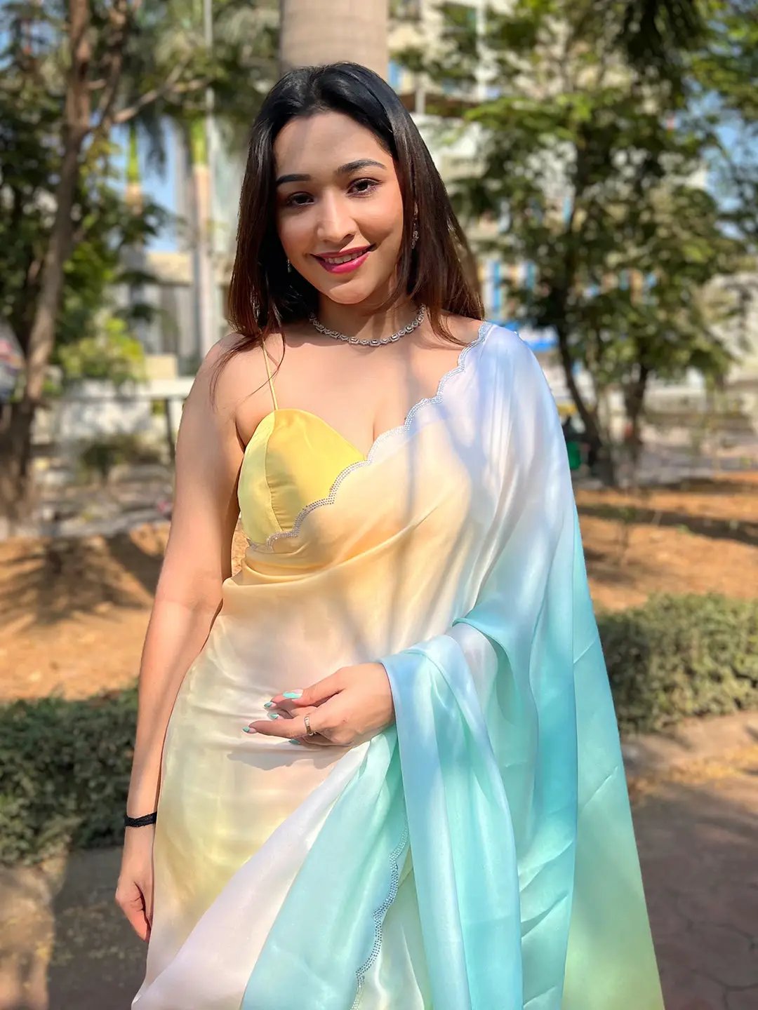 Yellow Colour Satin Georgette Saree with Ombre Print