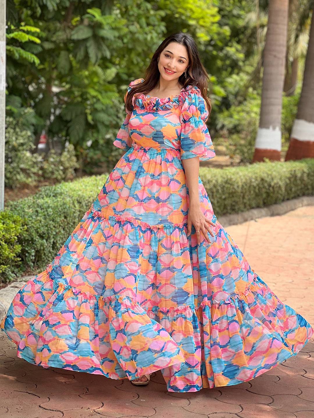 Colorful frill neck dress with vibrant print