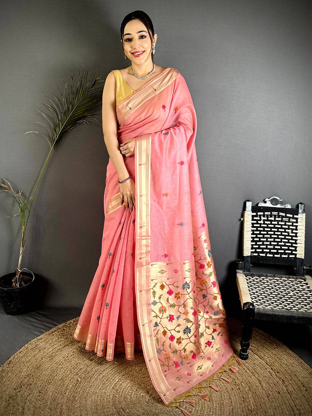 Pink Geometric Patola Khadi Linen Saree
