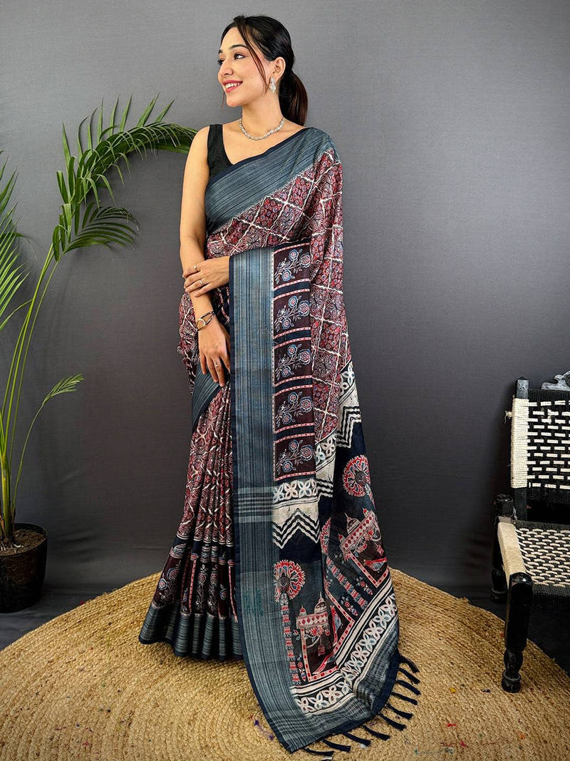 Multi Linen Block Kalamkari Print Saree