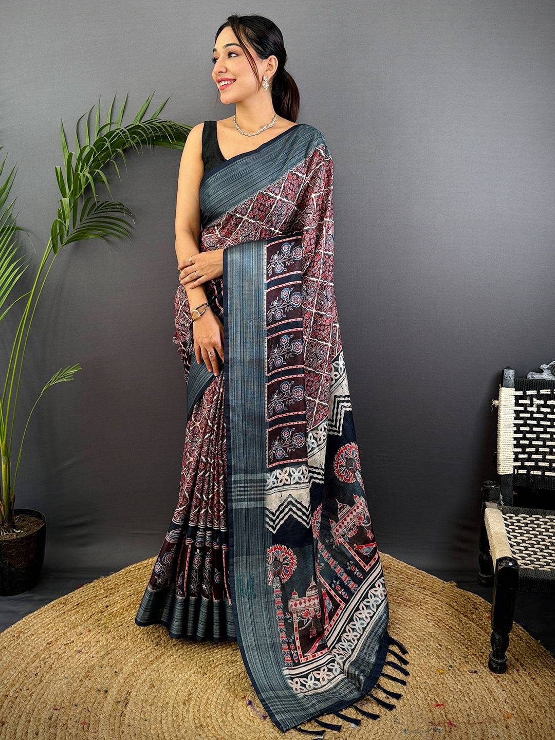 Multi Linen Block Kalamkari Print Saree