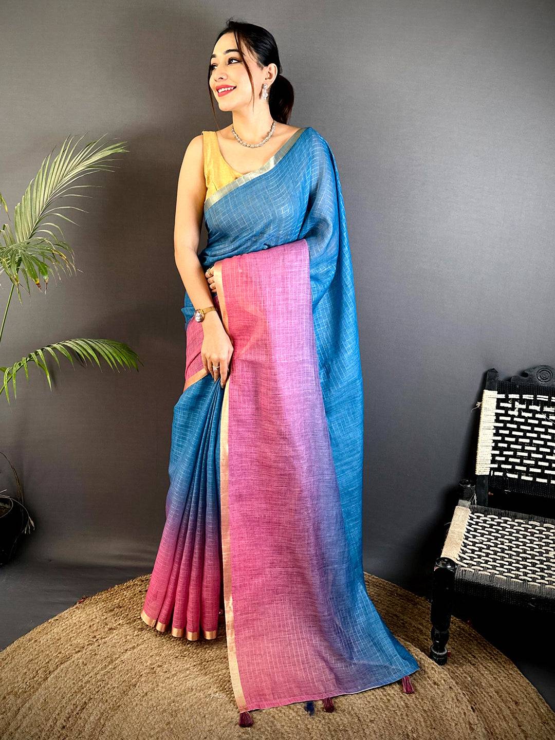 Festive Linen 90 Zari Check Saree