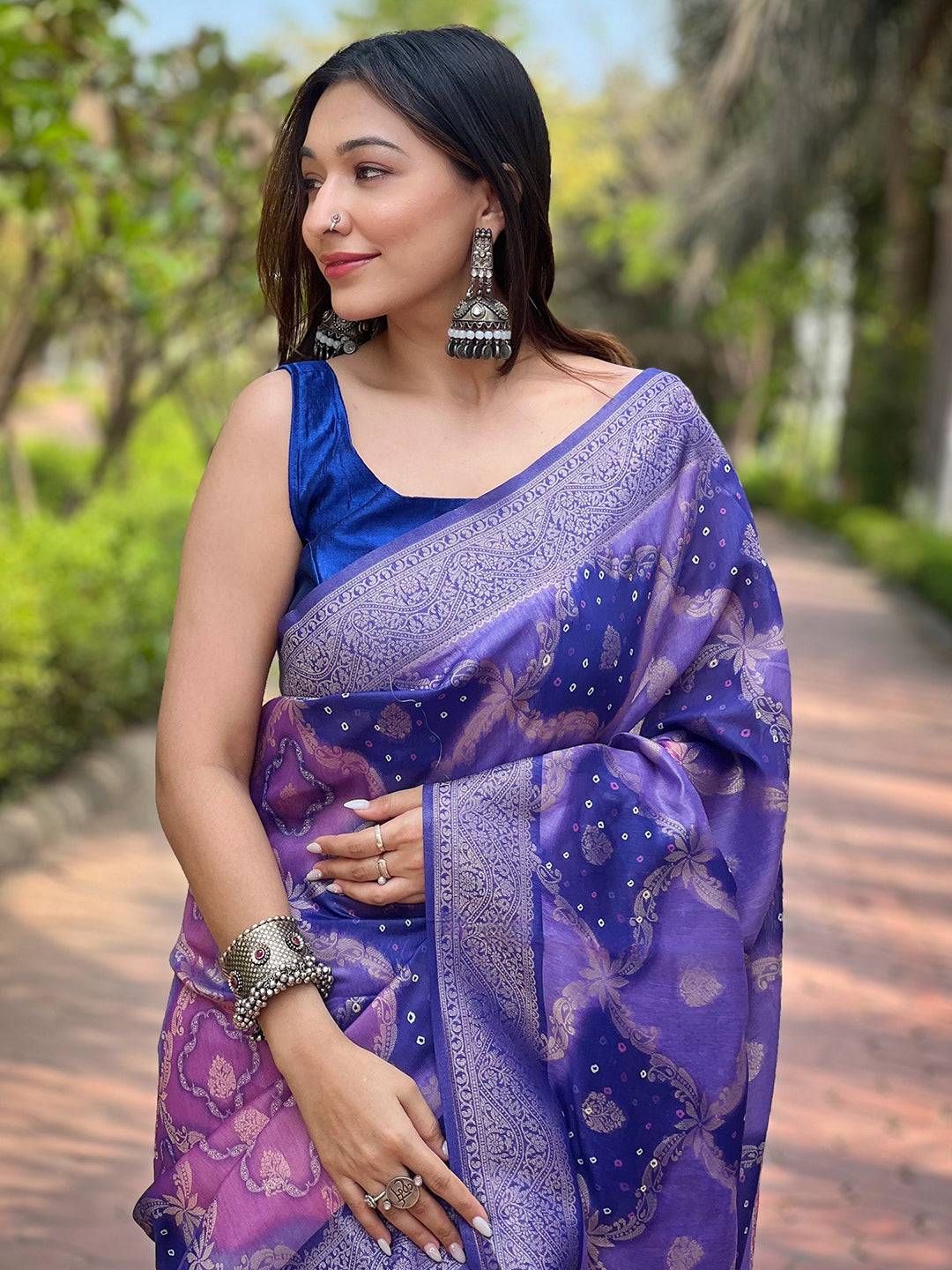 Purple Digital Block Placement Print Saree with zari work