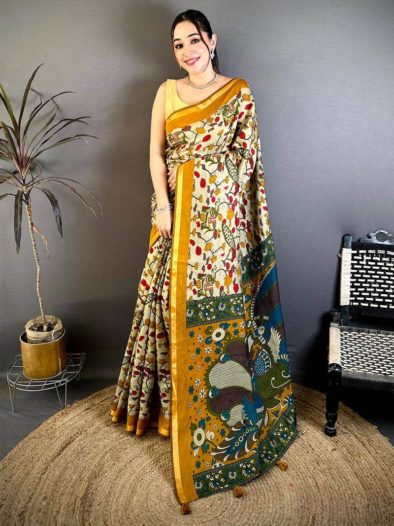 Heritage Mul Cotton Elephant Kalamkari Print Saree