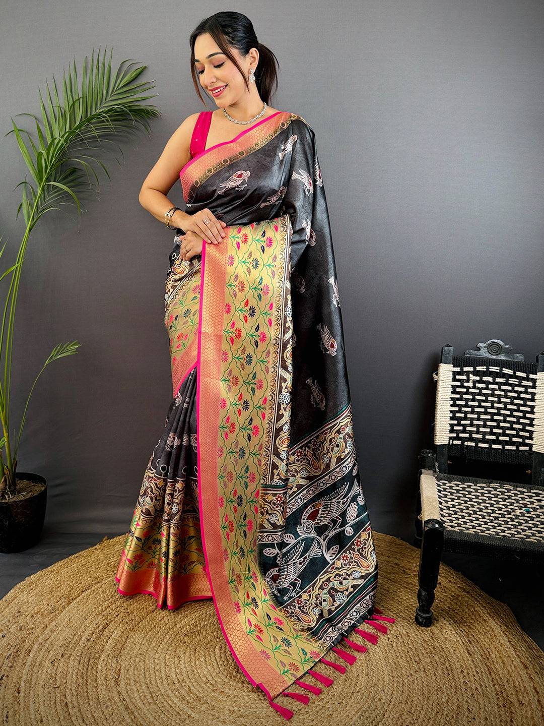 Black Freehand Digital Print Soft Silk Saree