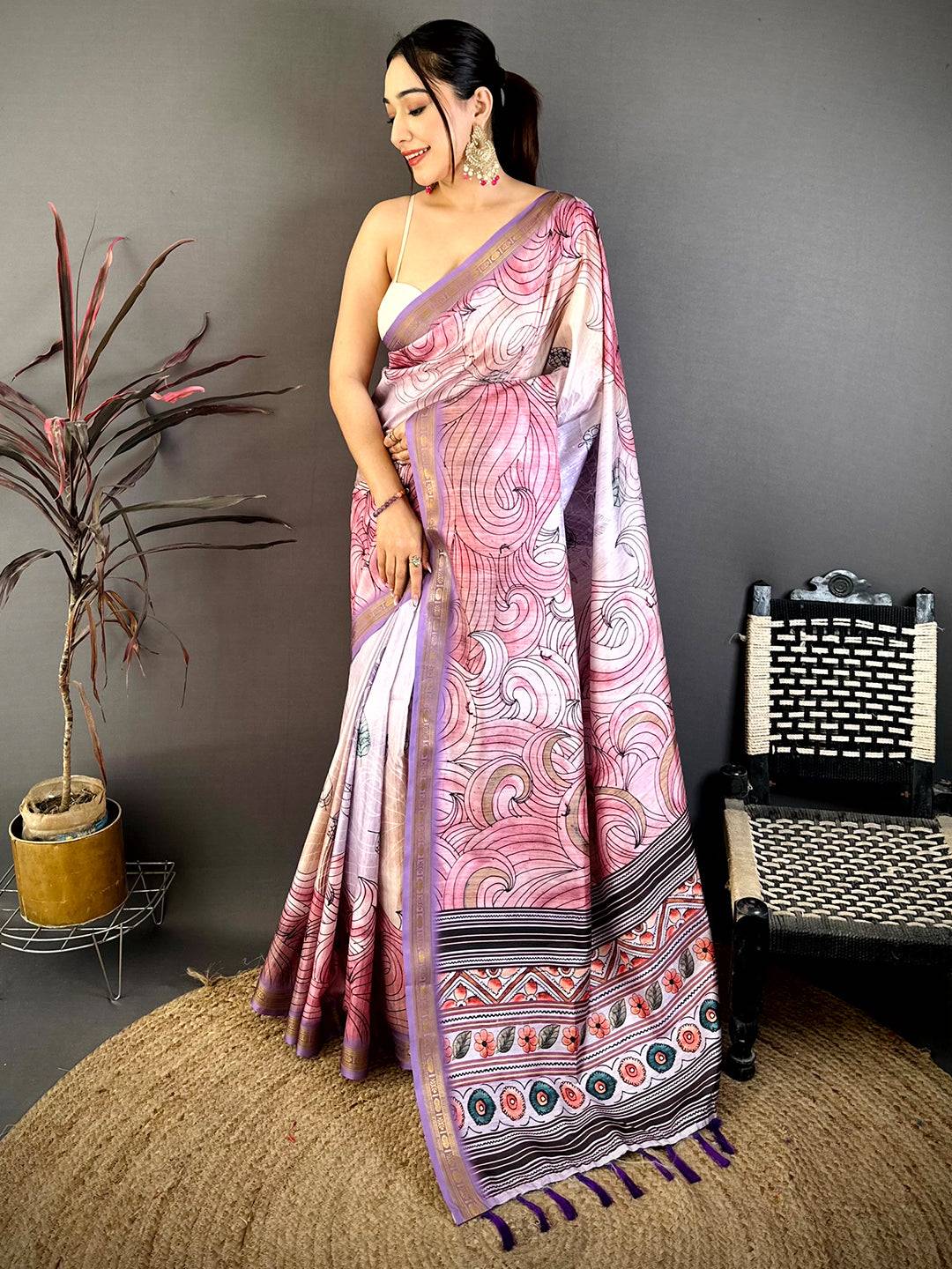 Stylish Freehand Kalamkari Silk Saree