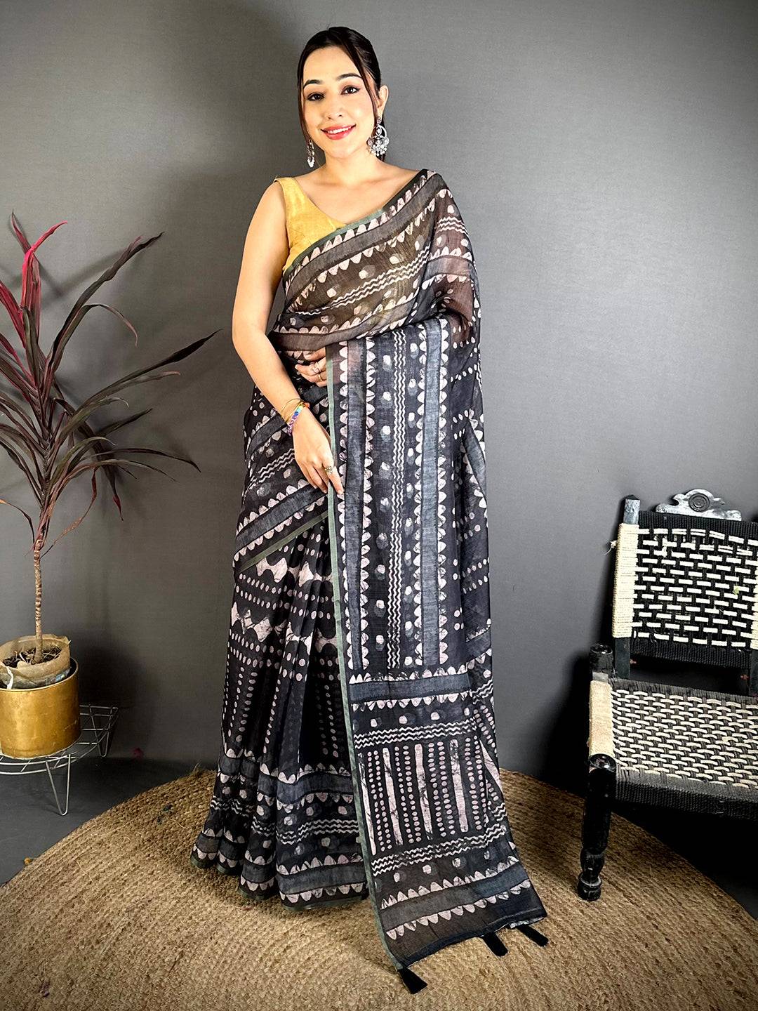 Artistic Ajrakh Print Linen Saree