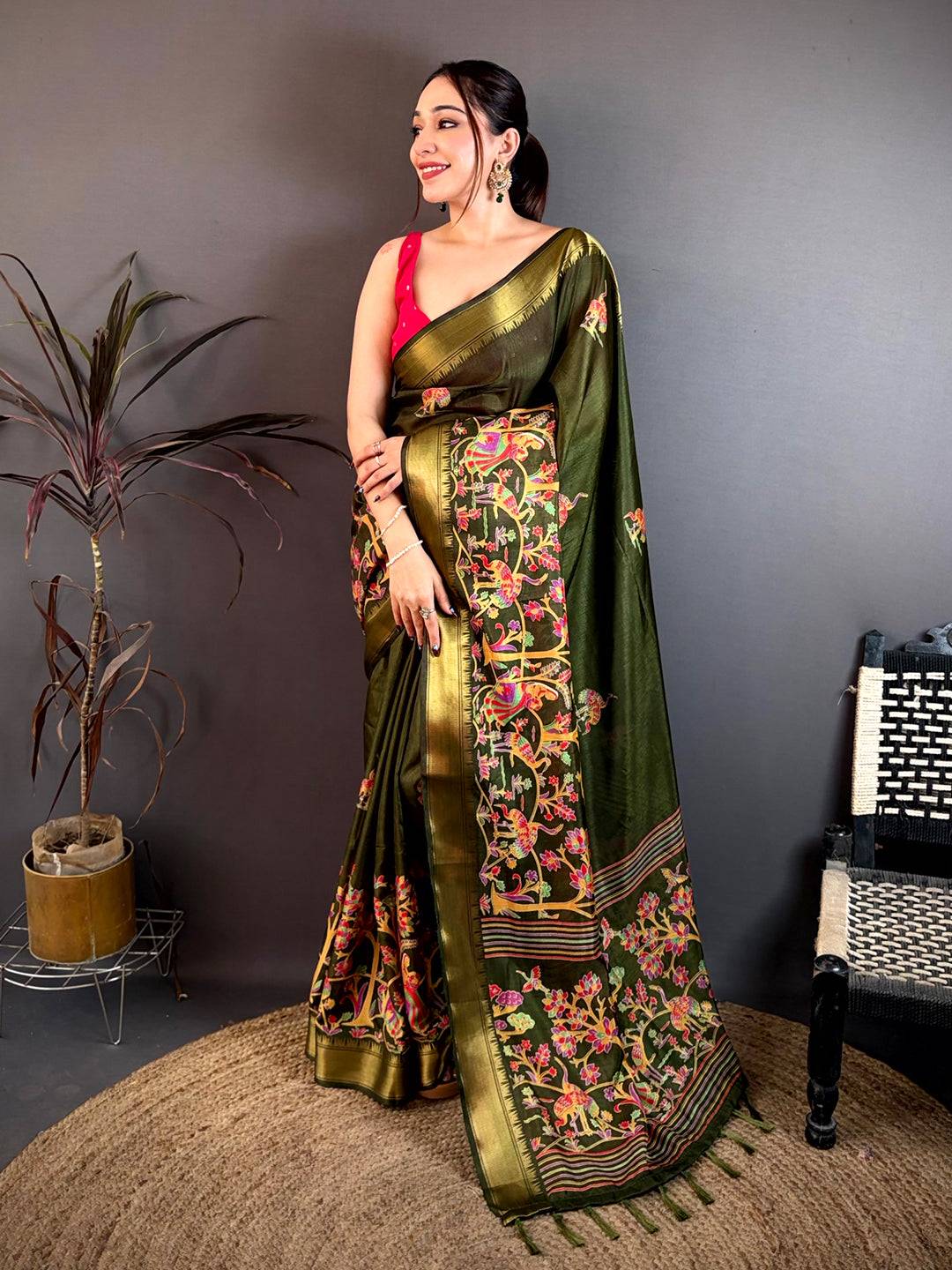 Dark Olive Shade Printed Dola Silk Saree