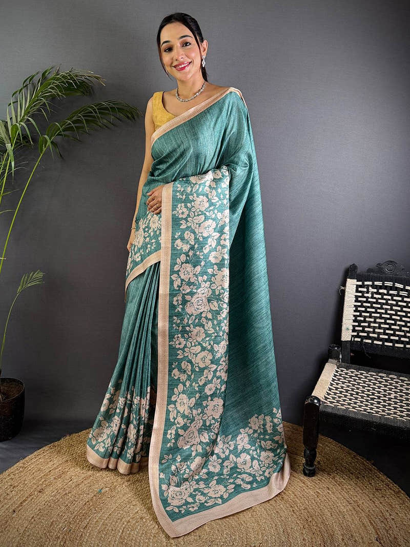 Teal Tussar Ghicha Silk Saree