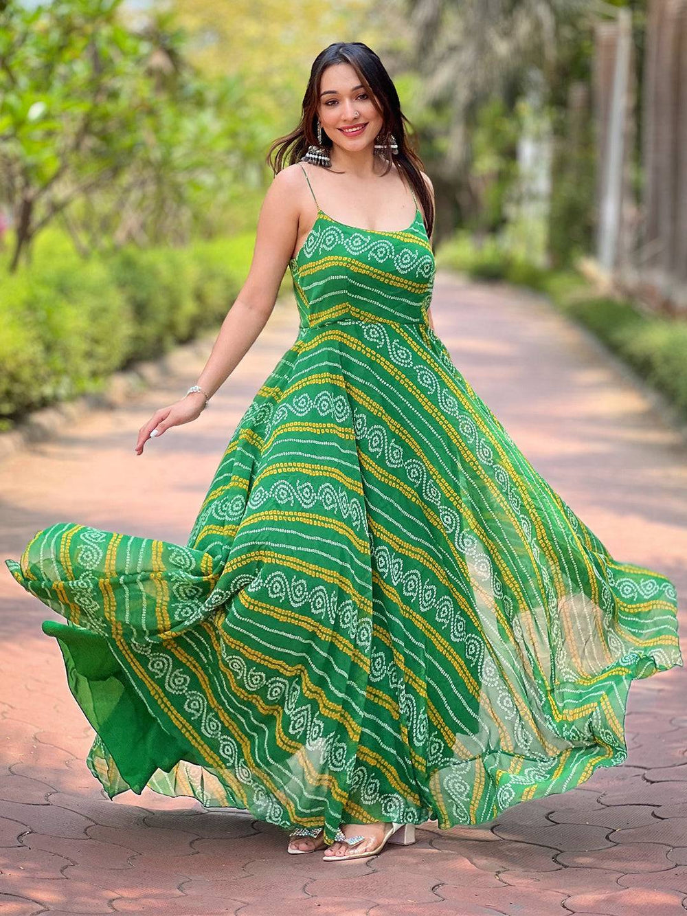 Forest Green Long Printed Dress with Bandhej Design