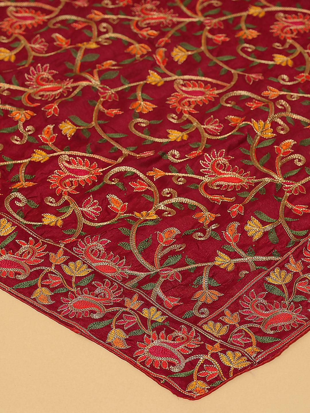 Close-up of wine dupatta with detailed threadwork