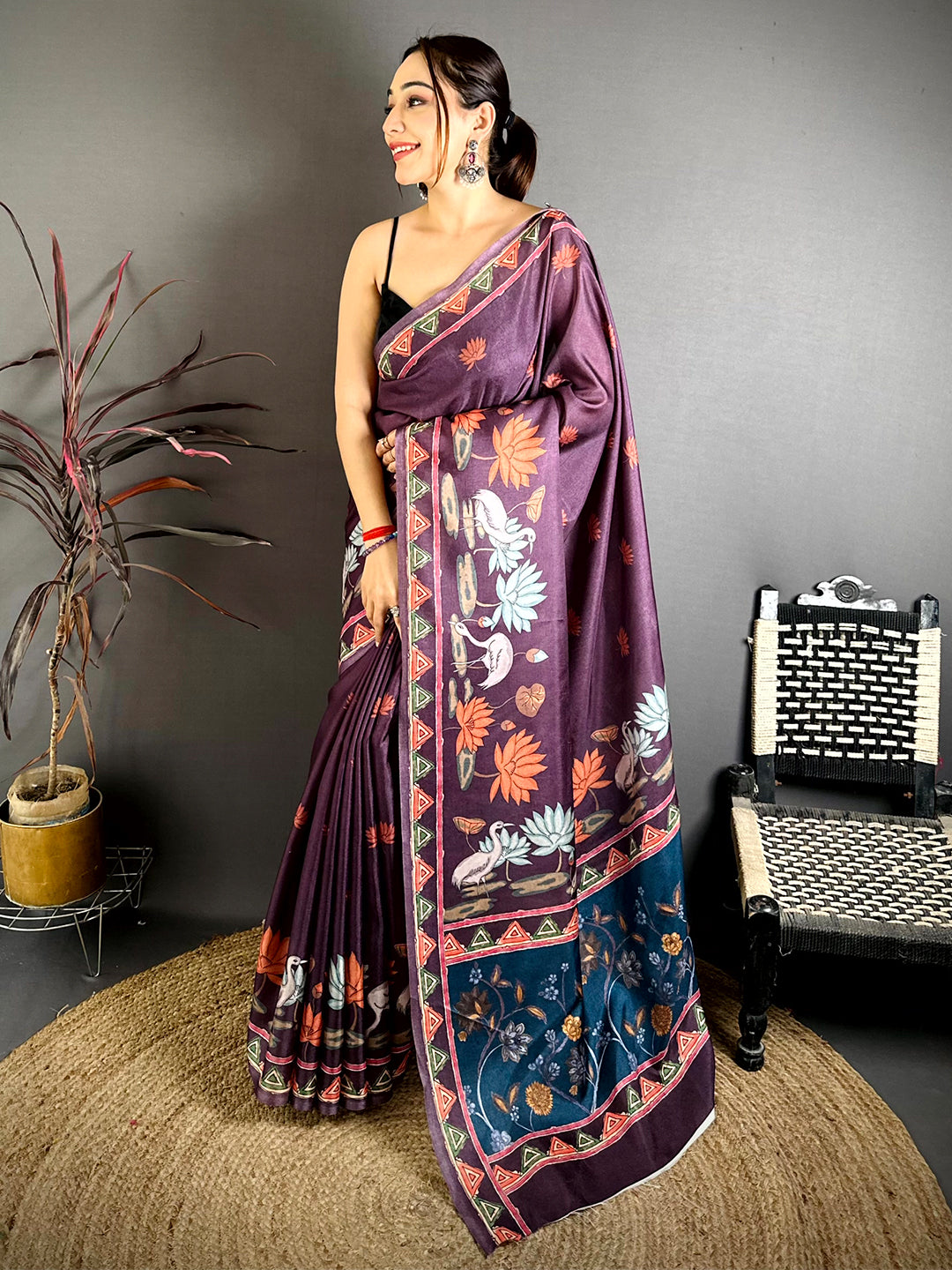 Dark Purple Kalamkari Print Tussar Saree