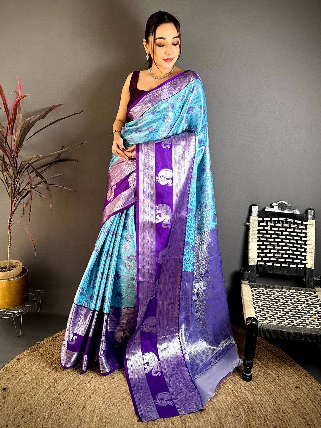Sky Blue Dharmavaram Double Ikkat Saree